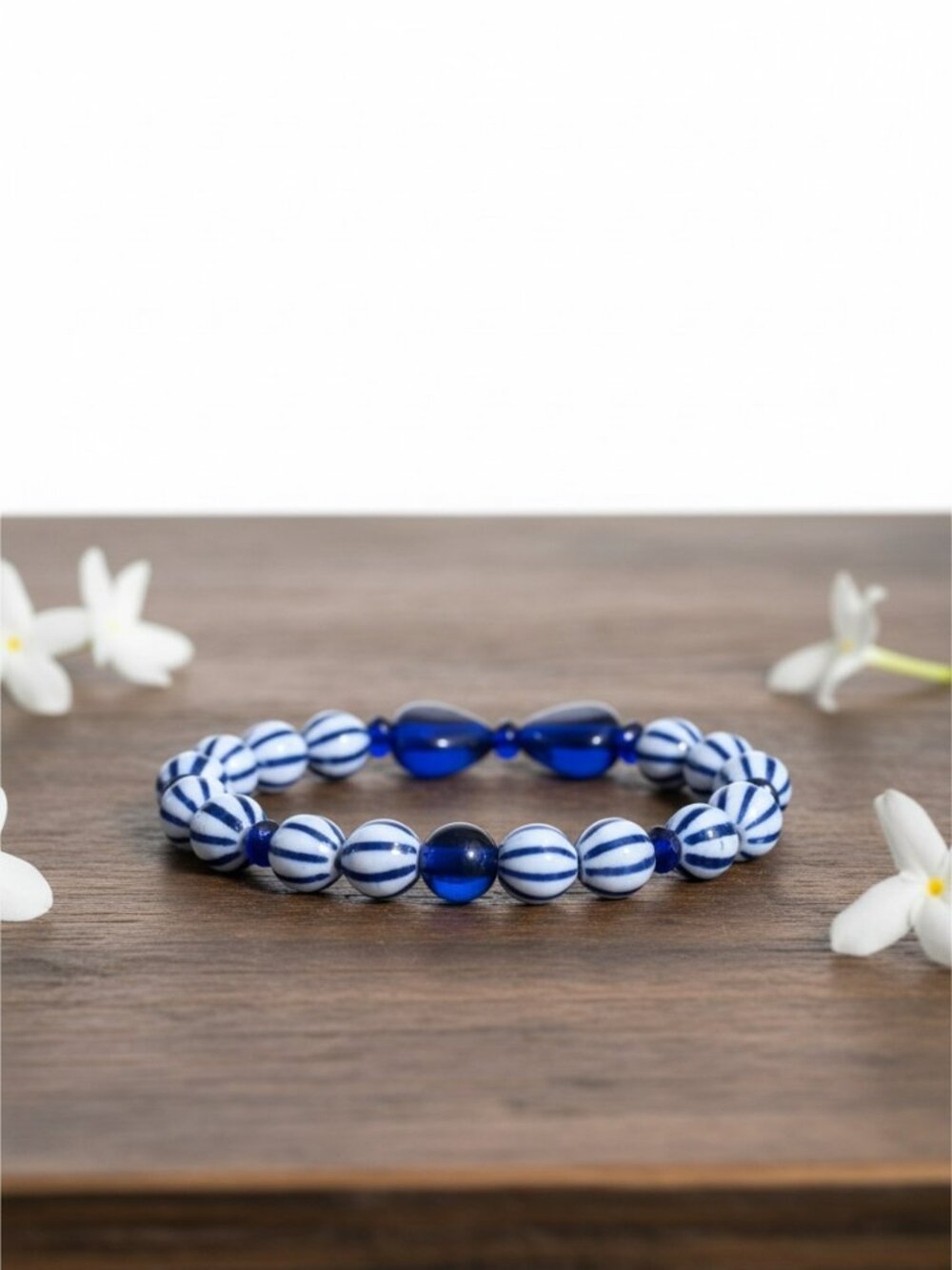 Blue and White‎ Striped Beaded Stretch Bracelet